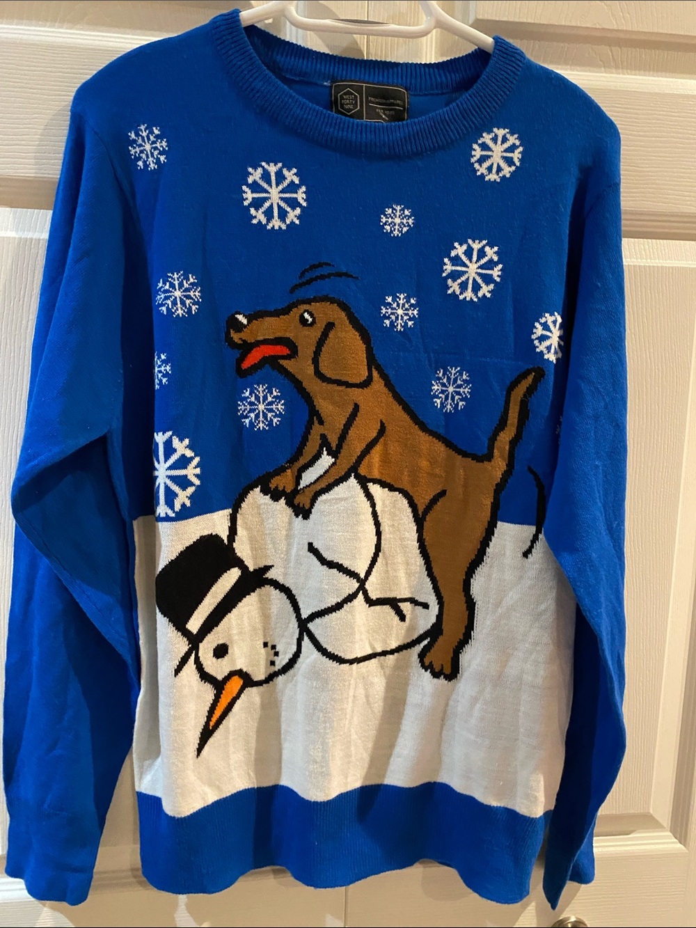 Ugly Christmas Sweater Snowman Dog Snowflakes Blue Novelty Crude Size Large